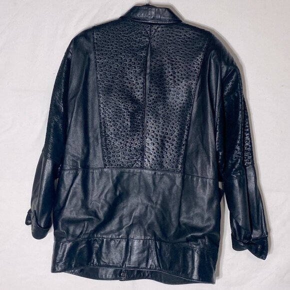 Vintage Oscar Leopold Black Animal Print Oversized 90s Leather Jacket L - Picture 14 of 15